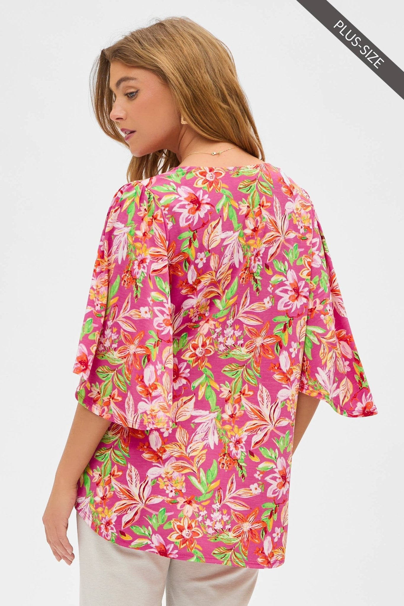 PLUS SIZE Floral Half Bell Sleeves V Neck Top in Rose Pink - The Country Rabbit Gifts & Décor
