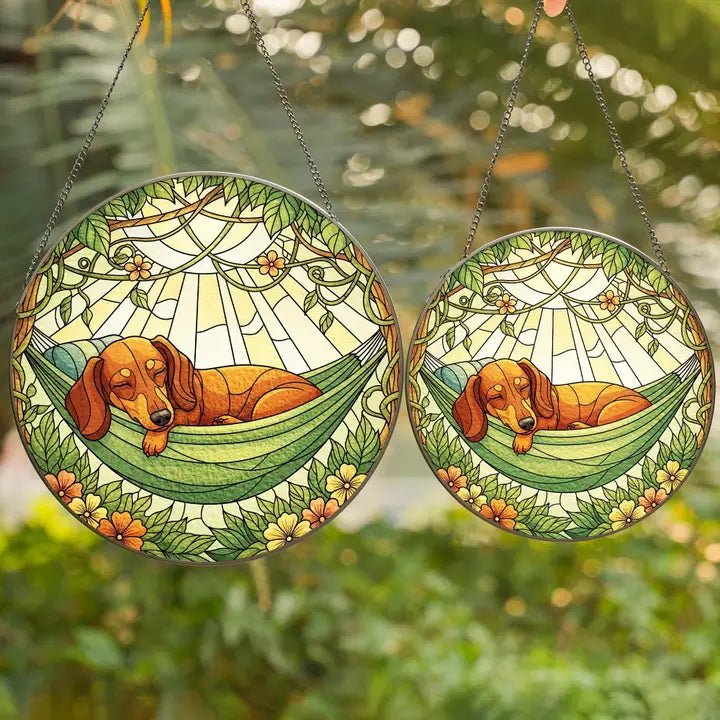 Relaxing Dachshund Puppy Stained Glass Suncatcher - The Country Rabbit Gifts & Décor