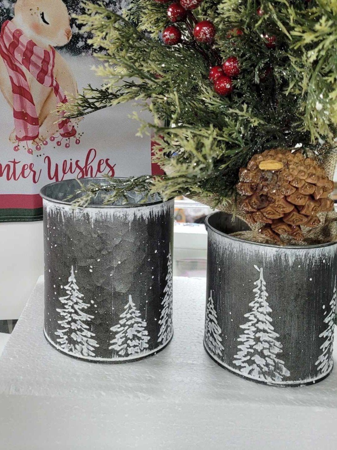 Set of 2 Round Winter Gray Galvanized Metal Buckets with White Tree Design - The Country Rabbit Gifts & Décor