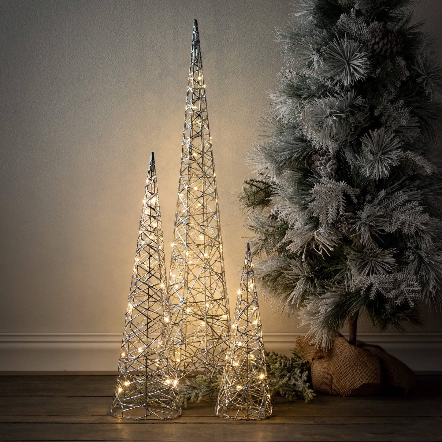 Silver Outdoor Lighted Cones - The Country Rabbit Gifts & Décor