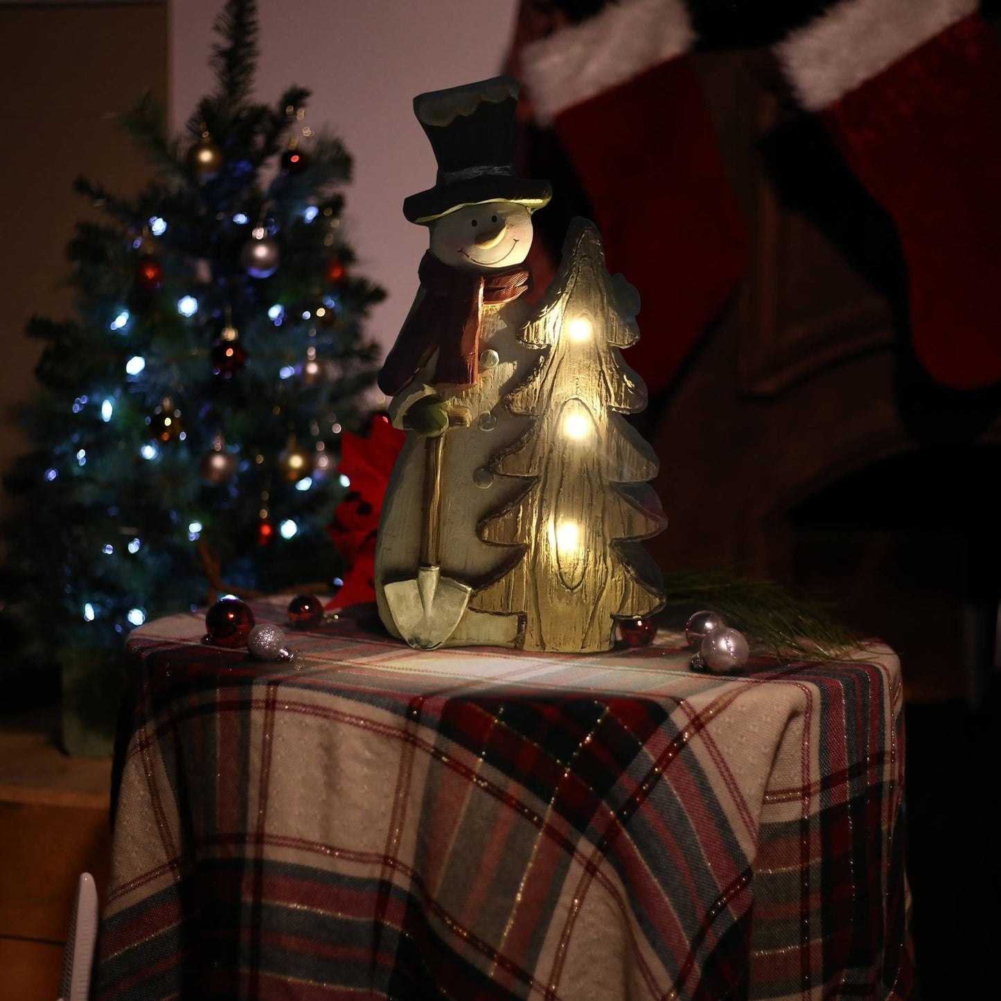 Snowman and Wood - like Tree Statue with LED Lights and Timer - The Country Rabbit Gifts & Décor