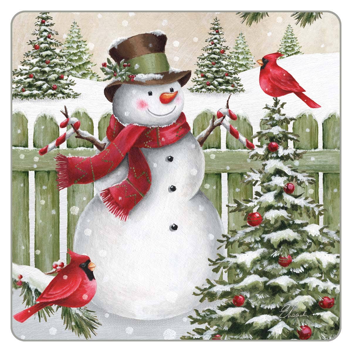Snowman at Green Fence Coaster - The Country Rabbit Gifts & Décor