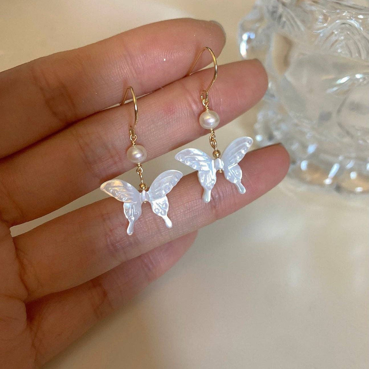 18K Gold Plated 16mm Natural Mother of Pearl Butterfly with 4mm Pearls Dangle Earrings - The Country Rabbit Gifts & Décor
