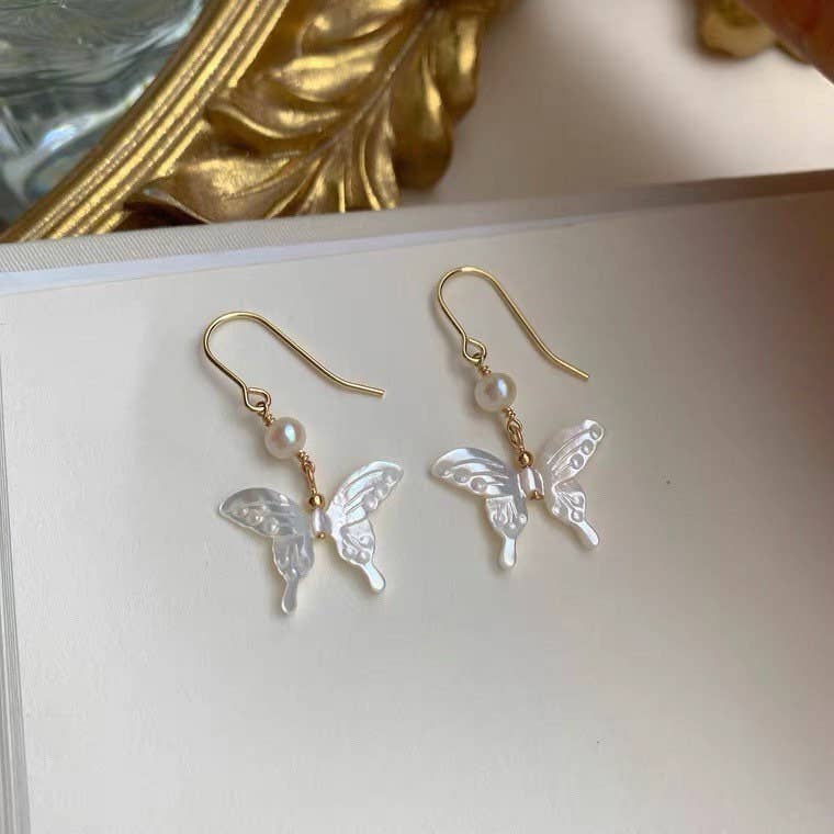18K Gold Plated 16mm Natural Mother of Pearl Butterfly with 4mm Pearls Dangle Earrings - The Country Rabbit Gifts & Décor