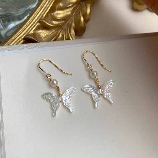 18K Gold Plated 16mm Natural Mother of Pearl Butterfly with 4mm Pearls Dangle Earrings - The Country Rabbit Gifts & Décor