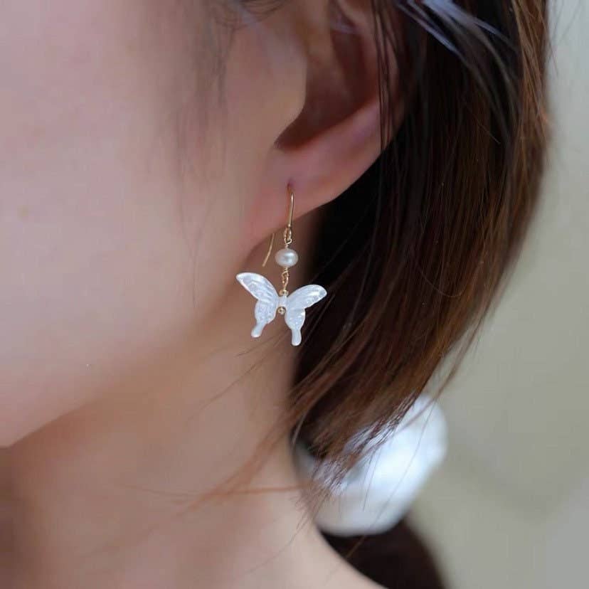 18K Gold Plated 16mm Natural Mother of Pearl Butterfly with 4mm Pearls Dangle Earrings - The Country Rabbit Gifts & Décor