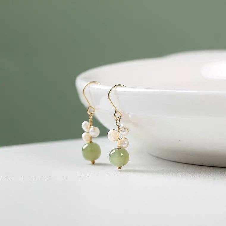 18K Gold Plated Freshwater Pearls Hetian Jade Dangle Earrings - The Country Rabbit Gifts & Décor