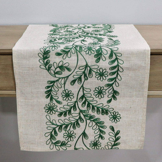 Embroidered Green Vines Design Table Runner on Linen Look Polyester