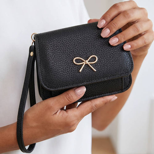 Bow Charm Vegan Leather Flap Wristlet