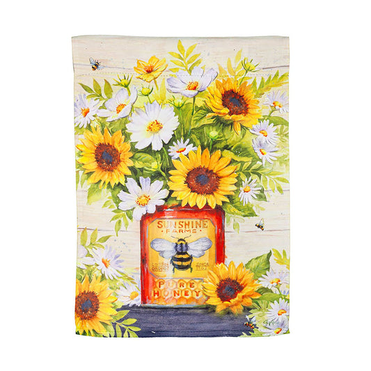 A378 Garden Flag - Honey Bee Tin with Sunflowers and Cosmos - Suede