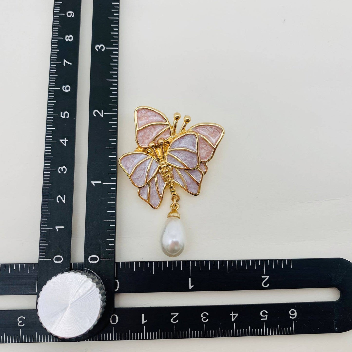 A176 Brooch | Two Pink/Purple Butterflies | Pearl Dangle |  Enamel