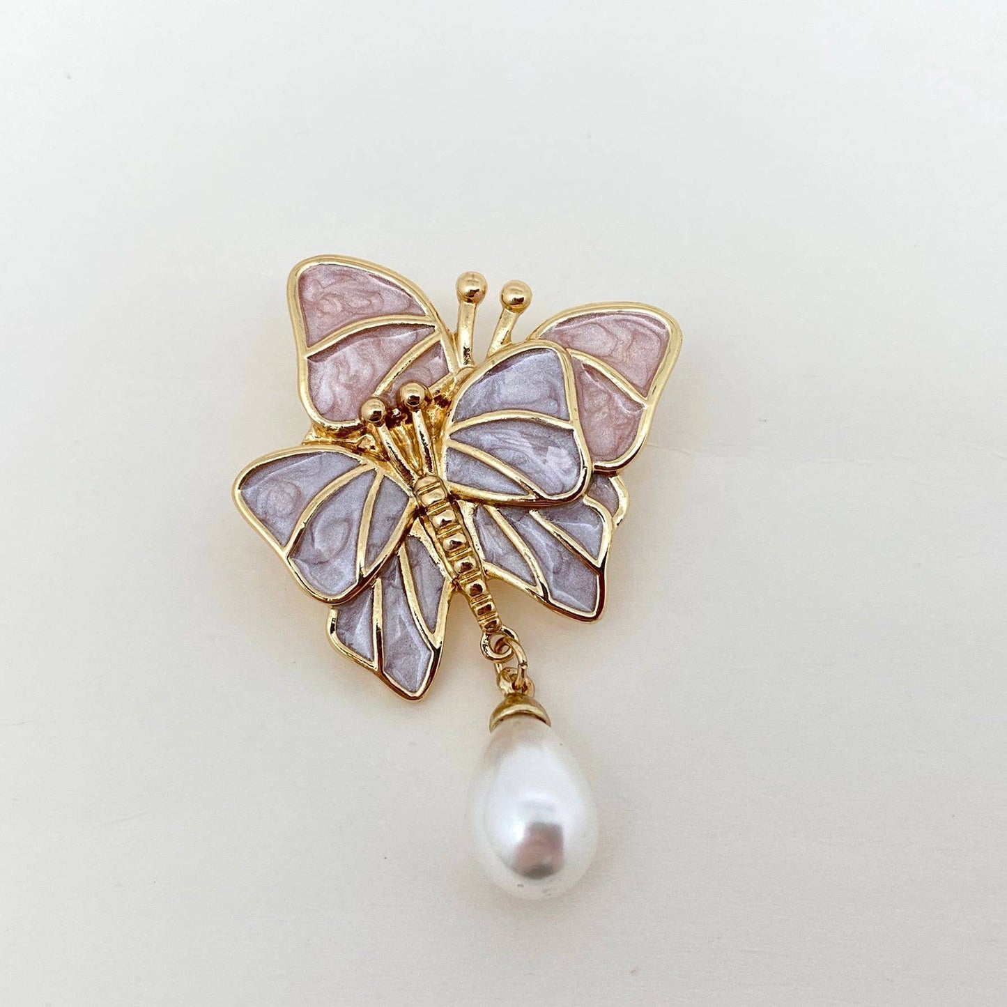 A176 Brooch | Two Pink/Purple Butterflies | Pearl Dangle |  Enamel