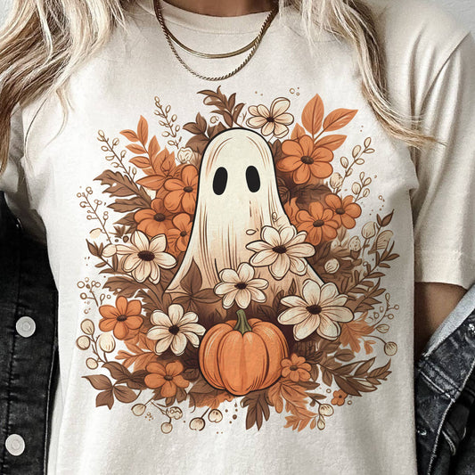 A427  Fall Halloween T-Shirt | Cute Ghost Among Fall Florals and Pumpkin