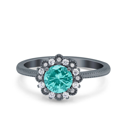 Halo Floral Style Art Deco Round Black Tone, Simulated Paraiba Tourmaline CZ Ring