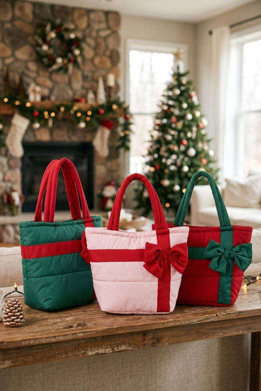 Bow Accent Gift Box Quilted Puffer Tote Bag