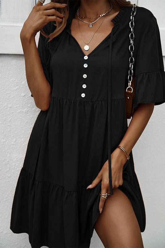 Solid Black Dress - Cool, comfortable 100% Vicose  - Features:  V-Neck with White Accent Buttons  and Drawstring - Tiered Loose Fit - Roomy Elbow Length Sleeves with Ruffle