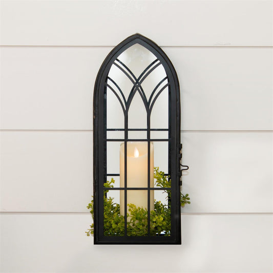 Beautiful black metal arched lantern has a mirrored  back inside the lantern.  The lantern is 17 inches high by 7 inches wide by 5 inches deep.  Can be used as a tabletop décor or a wall hang.