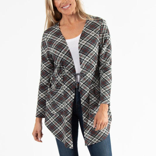 Gray Plaid Cardigan with Tie Front, Asymmetrical Hem, Front Patch Pockets, Drawstring Waist. The material is brushed jersey knit fabric of 95% polyester and 5% spandex. Perfect for layering!