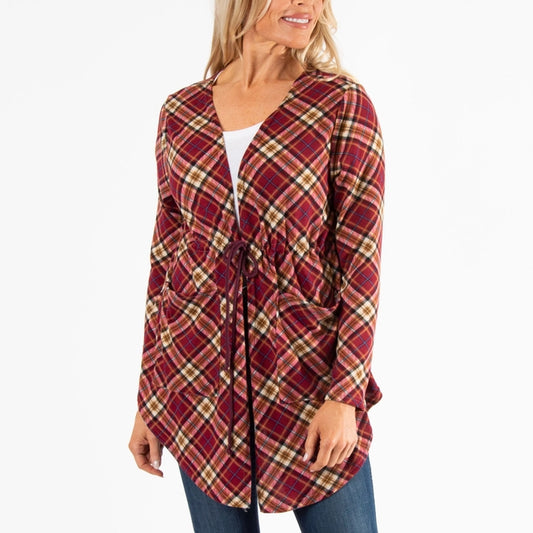Red Plaid Cardigan with Tie Front, Asymmetrical Hem, Front Patch Pockets, Drawstring Waist. The material is brushed jersey knit fabric of 95% polyester and 5% spandex. Perfect for layering!