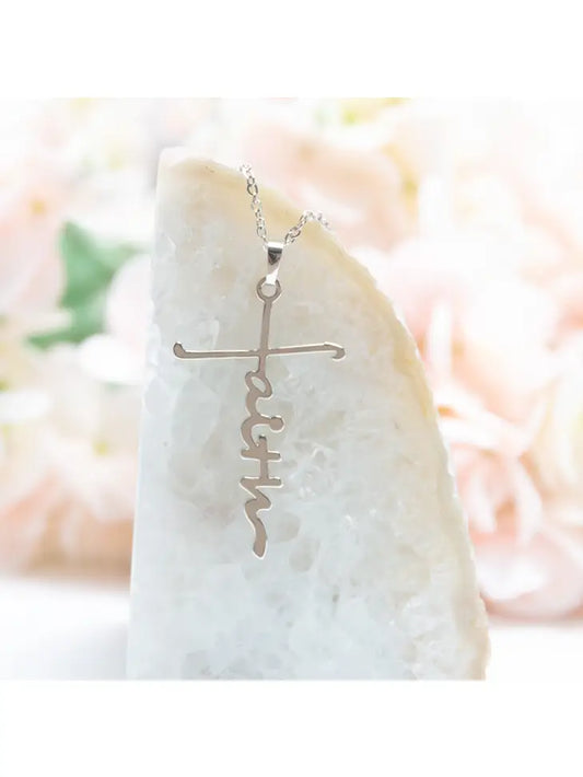 A475  Necklace - Silver Cross made with word "Faith"