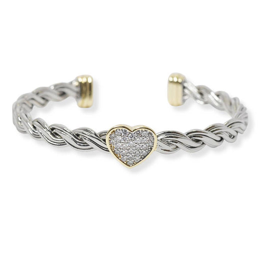 Pave Heart with Braided Cuff Bracelet in silver with gold accents