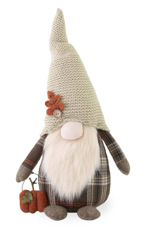 18 inch autumn gnome plush figure.  Wearing brown plaid, a beige knit hat decorated with an orange autumn leaf and button.  Abner is carrying an orange pumpkin in his hand.