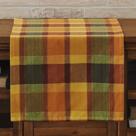 "Spice Plaid" Table Runner has the perfect autumn colors for your dining table or living room accent table/cabinet.  Nothing says autumn like the shades of gold, brown and green in this runner. Made of 100% woven cotton with copper metallic threads, this 54" runner will easily bring autumn colors and style to your home. Check out matching decorative pillow!