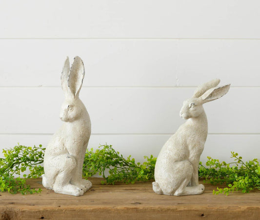 These two beautiful distressed white rabbits come in a set.  One is 12.25 inches high and the other is 10.25 inches high.  Made of polyresin and stone powder.