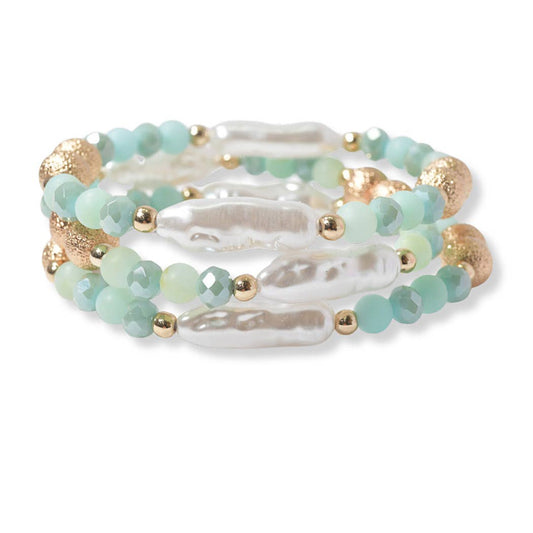 A518  Bracelet | Freshwater Pearl Three Layered Glass Bead Stretch Bracelet