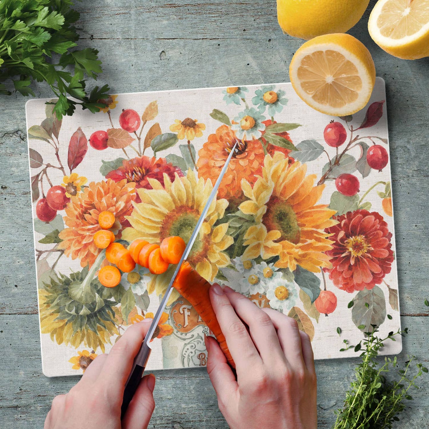 A318 Glass Counter Saver | Cutting Board 10" x 8" | Autumn in Bloom - The Country Rabbit Gifts & Décor