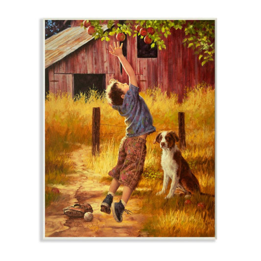 A324 Wall Art - Boy Jumping for Apples with Dog | Farm Life | Barn | Autumn - The Country Rabbit Gifts & Décor