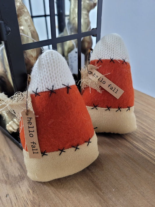 A341 Plush Candy Corn Fall Decor with a "Hello Fall" Greeting - The Country Rabbit Gifts & Décor