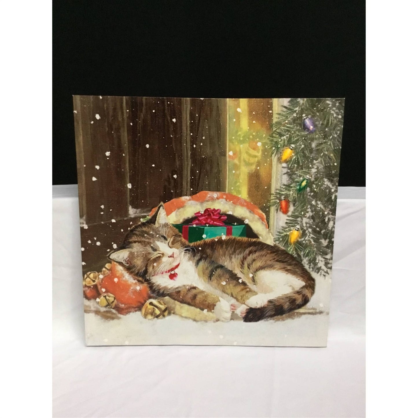 A384 Christmas Print | Kitten Napping Under the Tree | LED w/Timer | 15" Square - The Country Rabbit Gifts & Décor