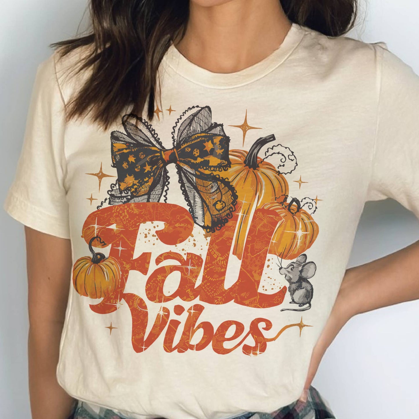 A422 Fall Vibes Pumpkin T-Shirt | Black Bow | Pumpkins | Mouse - The Country Rabbit Gifts & Décor