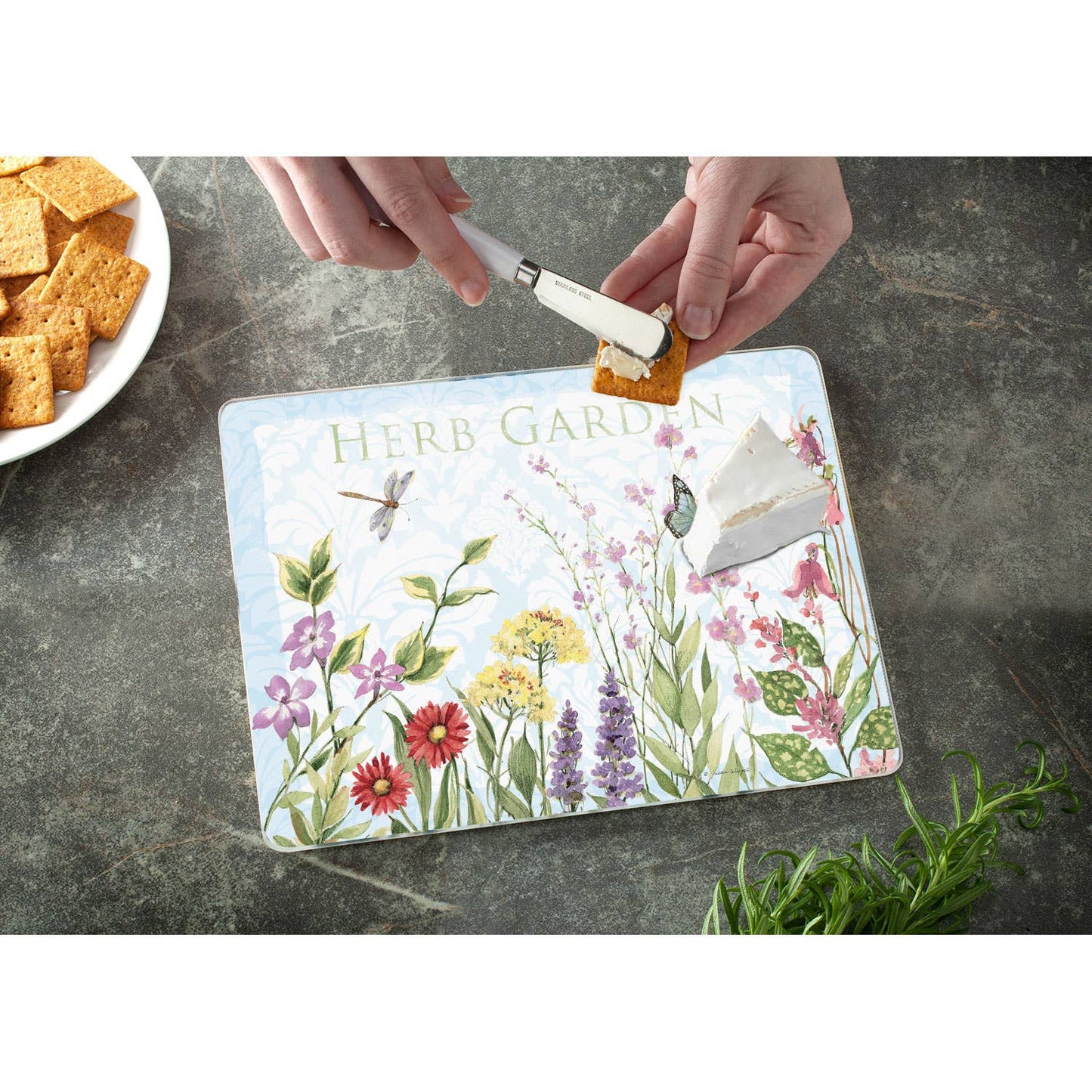 A447 Glass Counter Saver | Cutting Board 10" x 8" | Herb Garden - Flowers/Butterfly/Dragonfly - The Country Rabbit Gifts & Décor