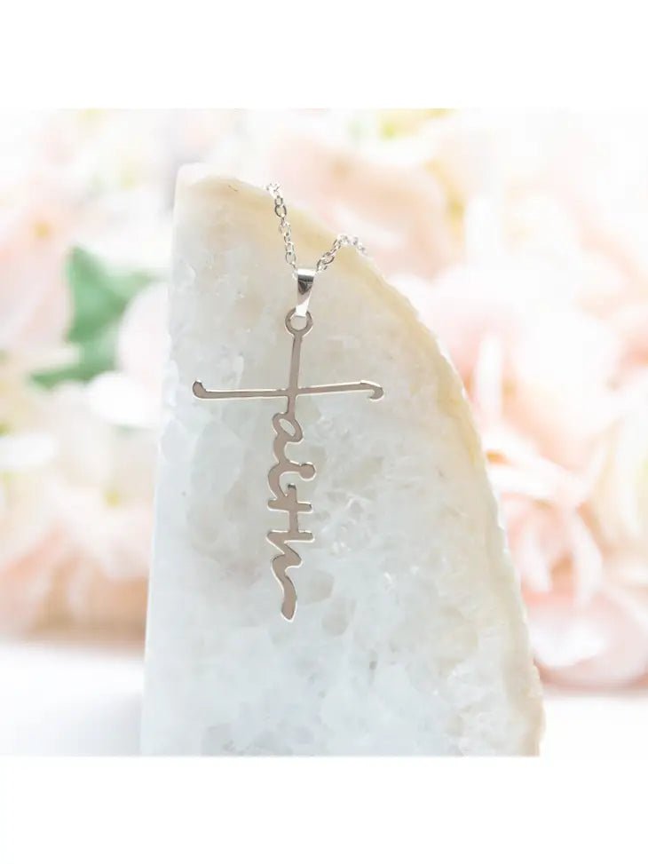 A475 Necklace - Silver Cross made with word "Faith" - The Country Rabbit Gifts & Décor