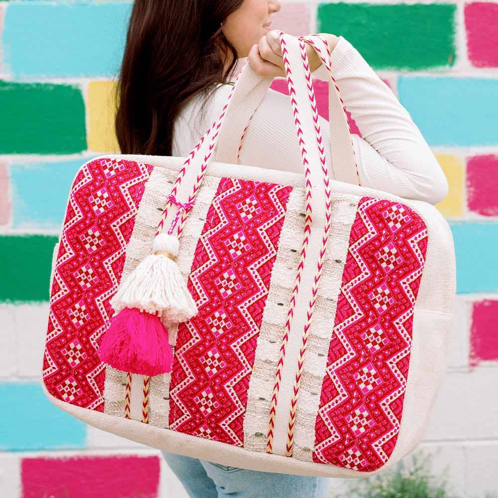 A482 Weekender Bag for Women | Magenta Zig Zag Pattern Oversized Bag - The Country Rabbit Gifts & Décor