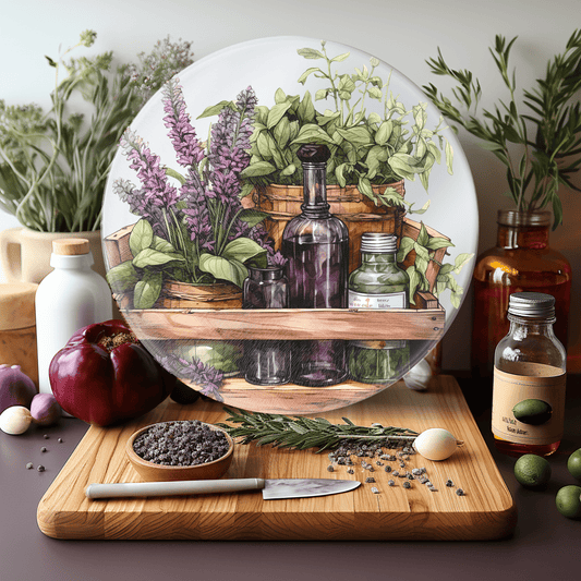 Apothecary Bottle Charcuterie Glass Cutting Board with Herbs 8 Inch - The Country Rabbit Gifts & Décor