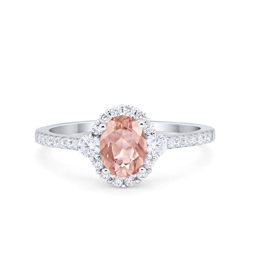 Art Deco Halo Oval Simulated Morganite CZ Ring