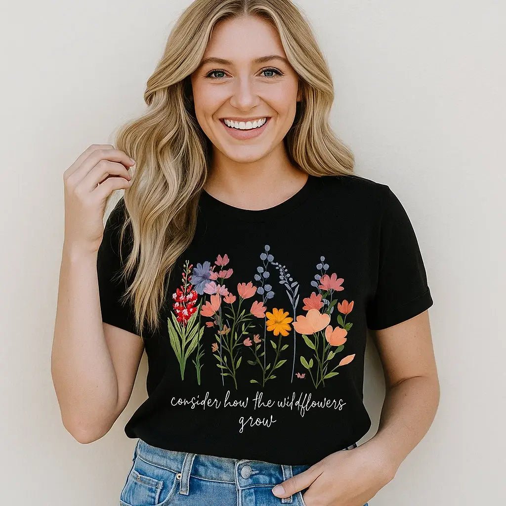Black Floral T-Shirt with phrase "Consider How the Wildflowers Grow" - The Country Rabbit Gifts & Décor