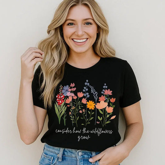 Black Floral T-Shirt with phrase "Consider How the Wildflowers Grow" - The Country Rabbit Gifts & Décor