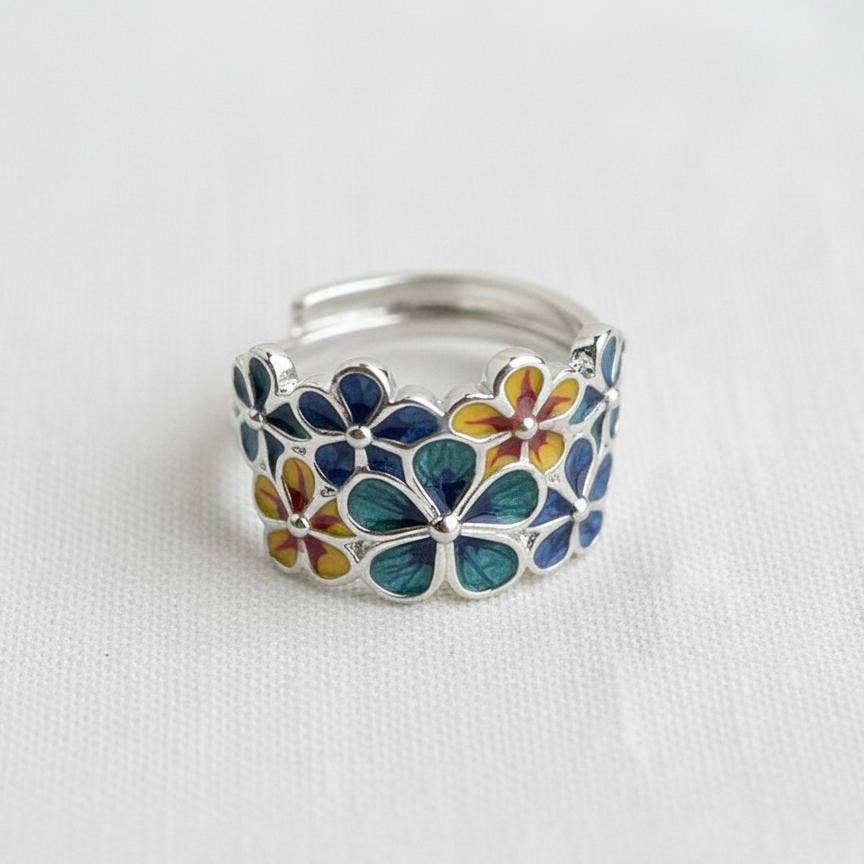 Blue Enamel Floral Cluster Adjustable Ring - The Country Rabbit Gifts & Décor