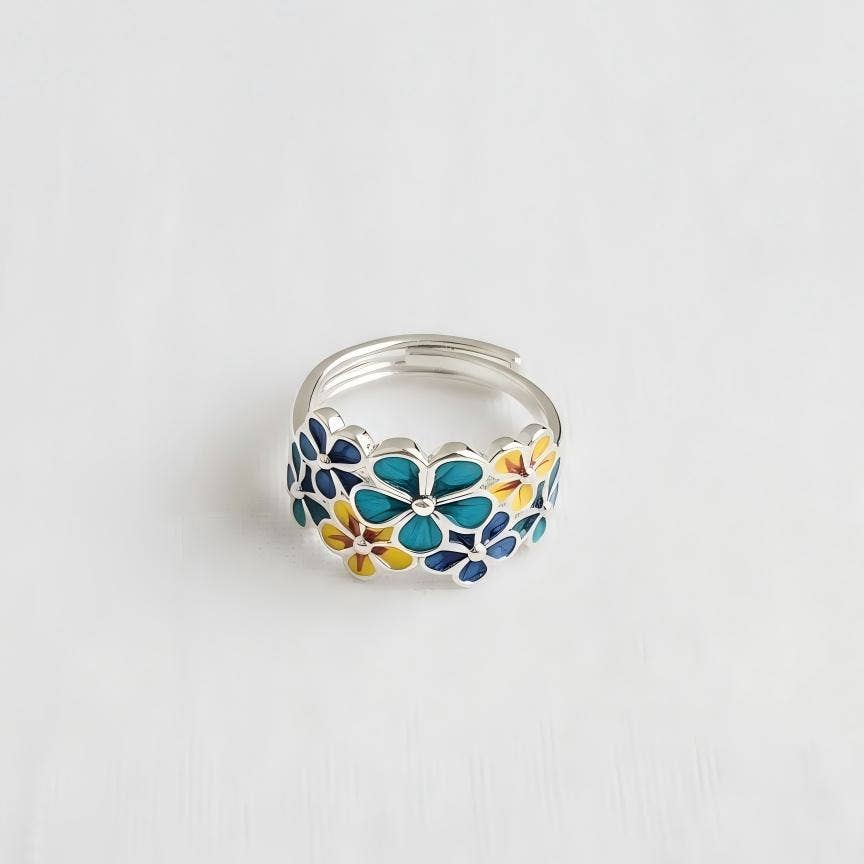 Blue Enamel Floral Cluster Adjustable Ring - The Country Rabbit Gifts & Décor