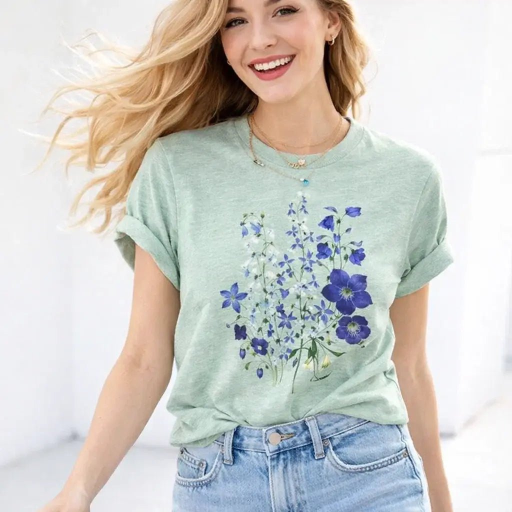 Blue Floral Design T-Shirt, Botanical Tee, Trendy Top - The Country Rabbit Gifts & Décor