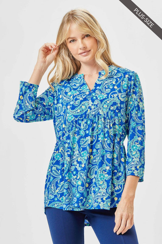 Blue Paisley Blouse with a Lizzy Neckline, Plus Sizes, Poly Blend, Wrinkle Free - The Country Rabbit Gifts & Décor