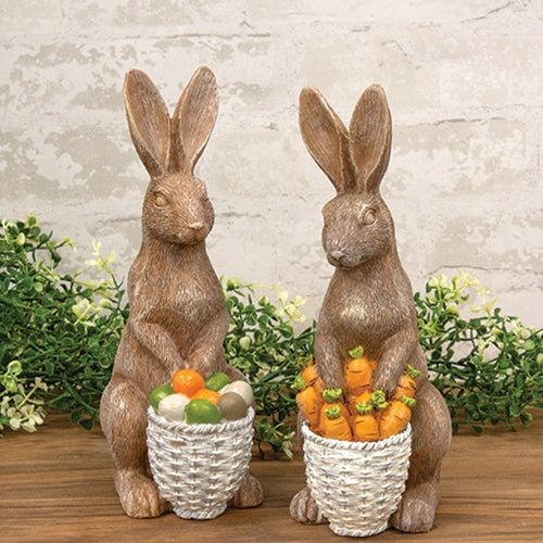 Brown Rabbits Figurines with Basket of Carrots or Colored Eggs - The Country Rabbit Gifts & Décor
