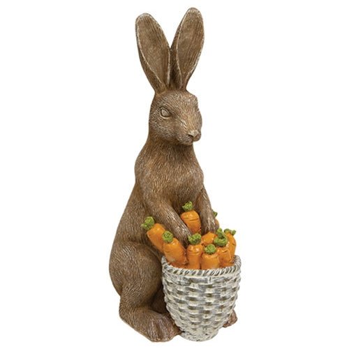 Brown Rabbits Figurines with Basket of Carrots or Colored Eggs - The Country Rabbit Gifts & Décor