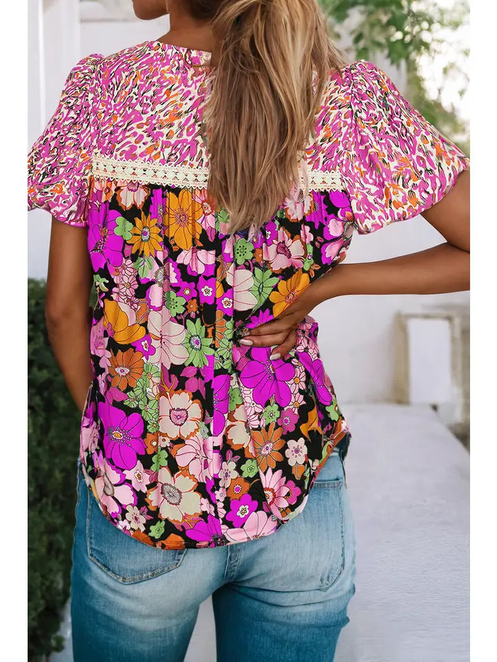 A228 Blouse | Floral Print | Lace Trimmed Yoke | Bubble Sleeves | Bright Colors