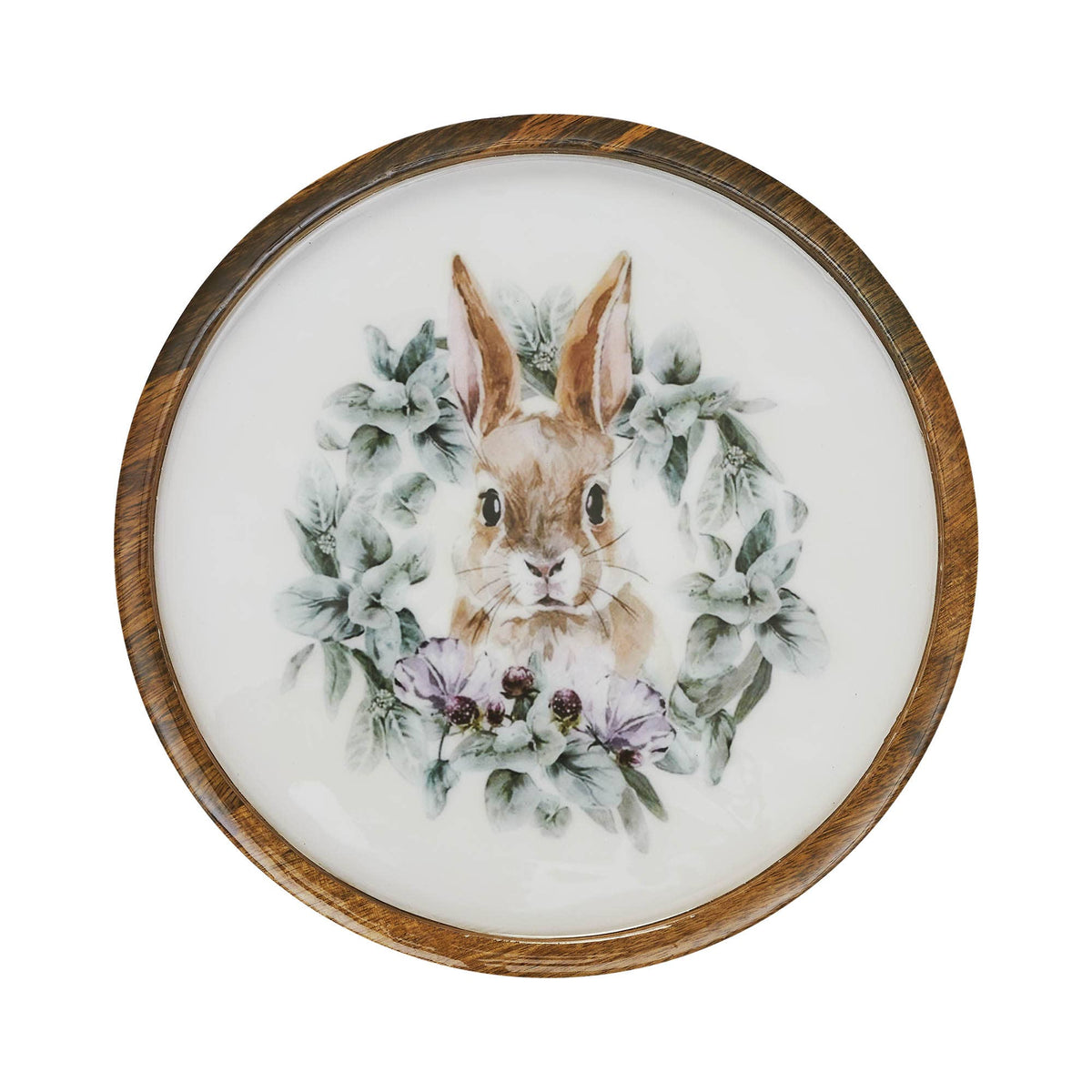 Bunny Hop Wooden Plate Natural w/ Bunny & Wreath 11.5 inch Diameter - The Country Rabbit Gifts & Décor