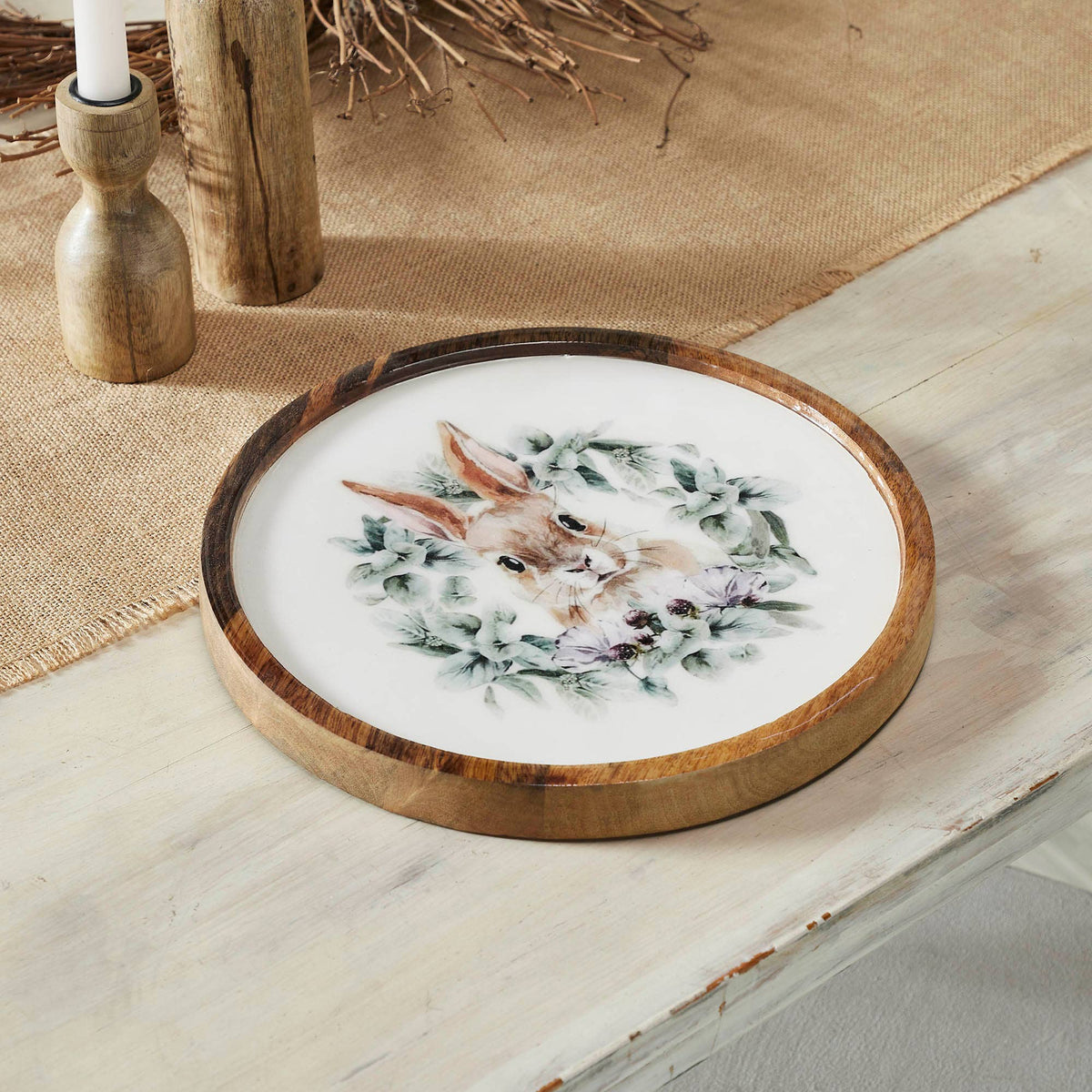 Bunny Hop Wooden Plate Natural w/ Bunny & Wreath 11.5 inch Diameter - The Country Rabbit Gifts & Décor